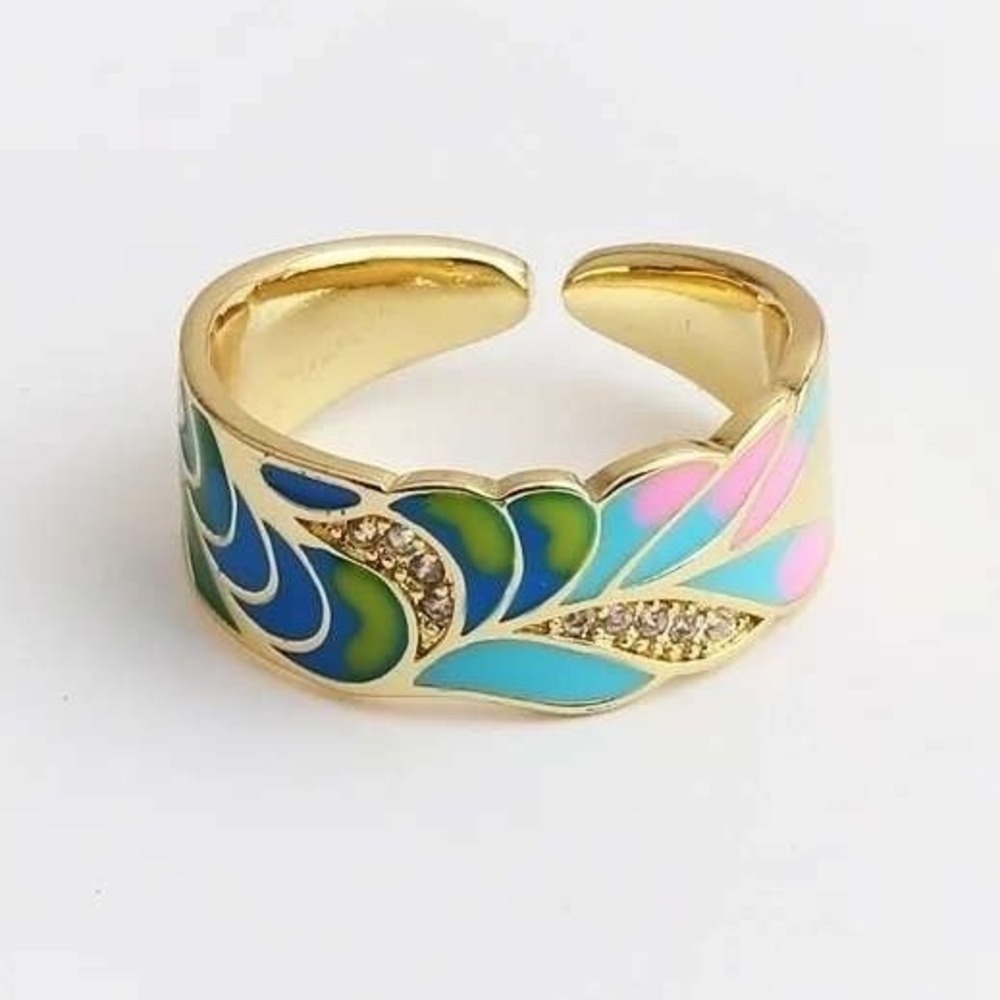 Gold Tone Enamel Blue Green Pink Leaf Feather Ring Adjustable Open‎ Band